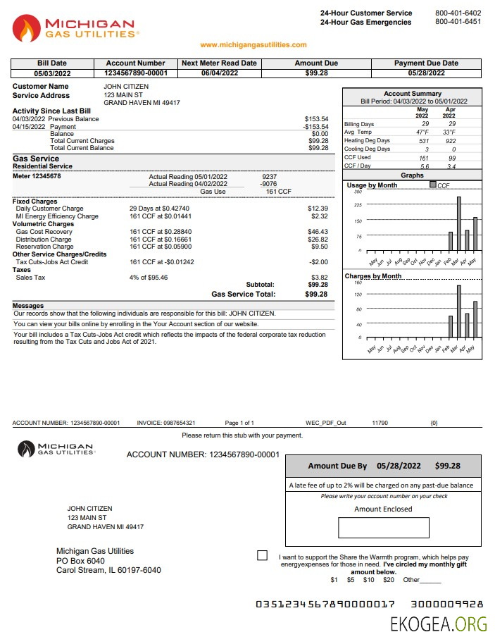 USA Michigan gas Utilities utility bill template in Word and PDF format version 1